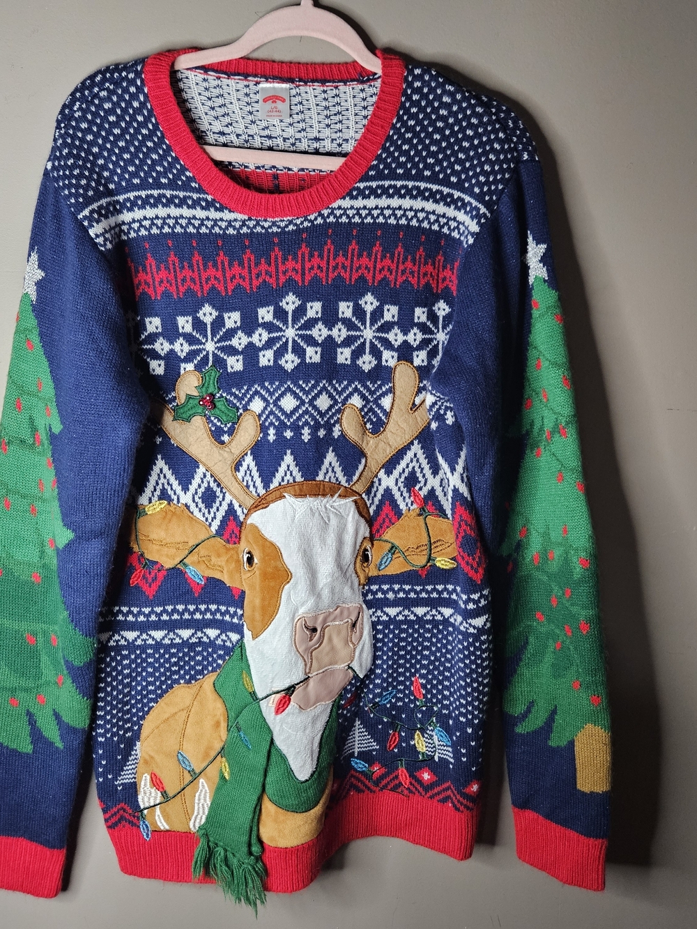 Holiday Time Navy Christmas Reindeer Sweater with Green Sleeves Red Trim 42/44